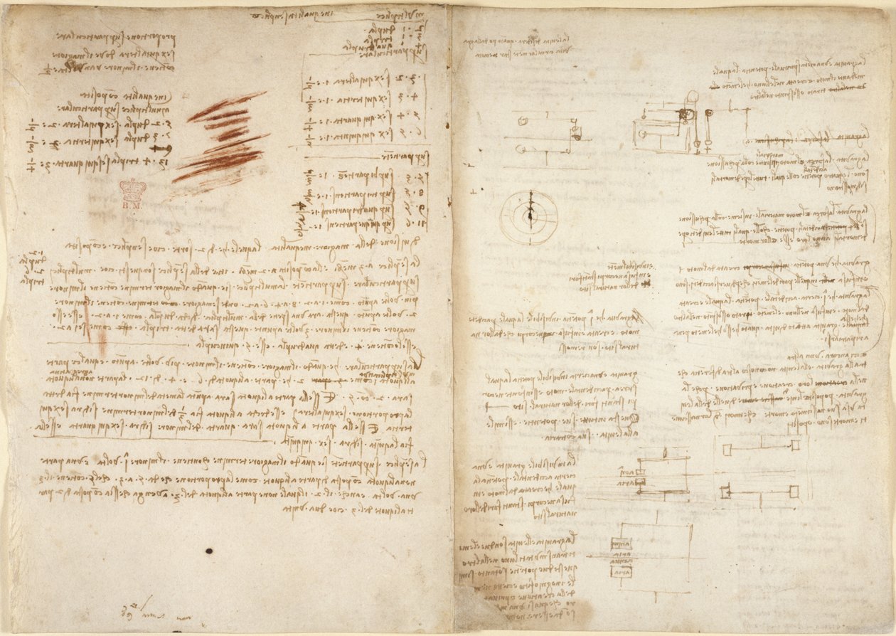 Arundel 263, f.38v, f.37 Aritmetiikkaa, Codex Arundelista (kynä ja muste paperille) tekijältä Leonardo da Vinci