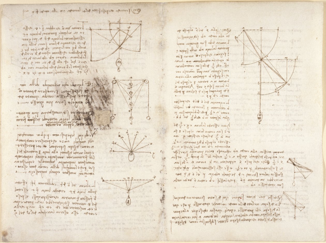 Arundel 263, f.3v, f.12 Huomautuksia ja kaavioita mekaniikasta tekijältä Leonardo da Vinci