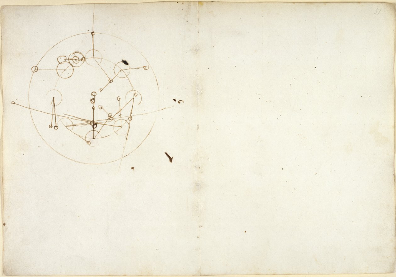 Arundel 263, f.52v, f.51 Hydraulipyörän kaavio, Codex Arundel (kynä ja muste paperille) tekijältä Leonardo da Vinci