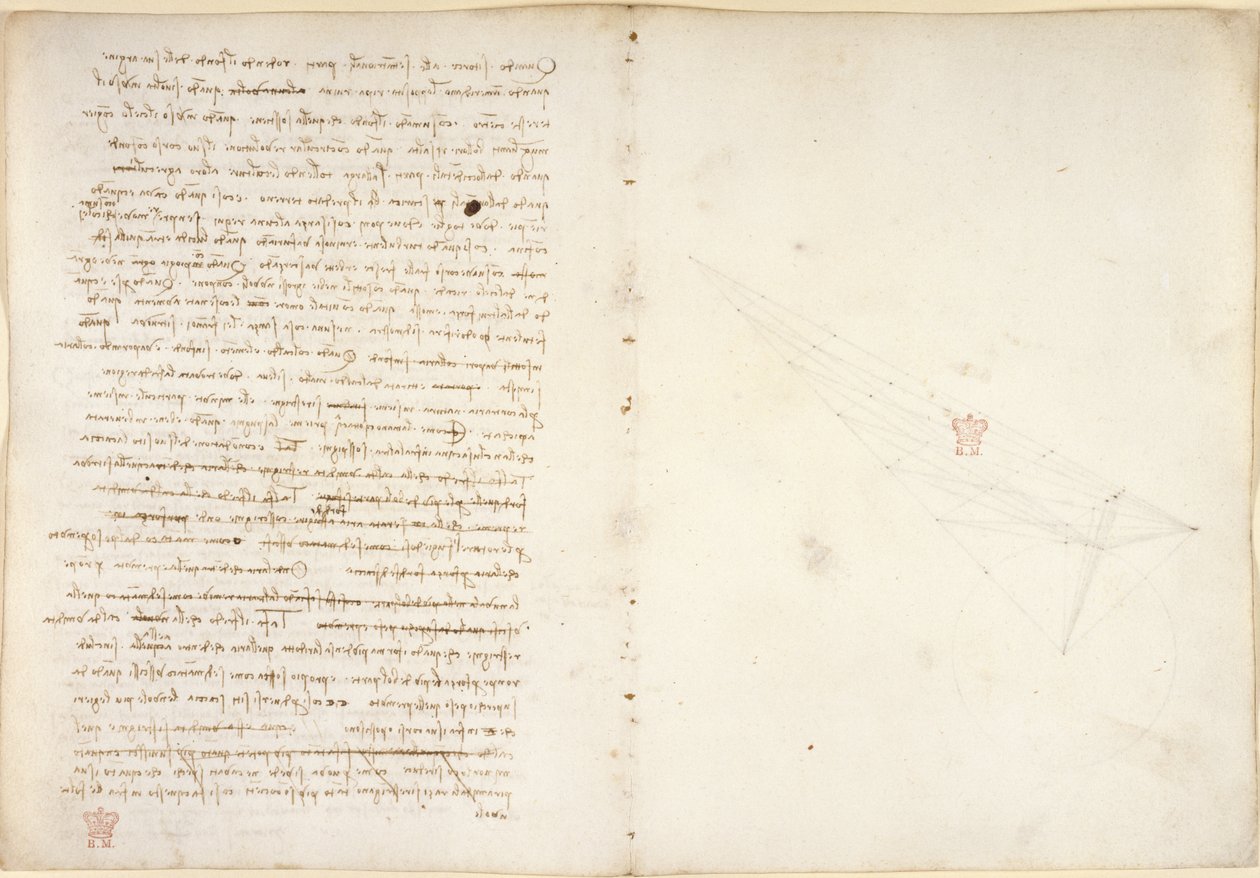 Arundel 263, f.57v, f.46 Muistiinpanot vedestä, "Codex Arundel" (kynä ja muste paperille) tekijältä Leonardo da Vinci