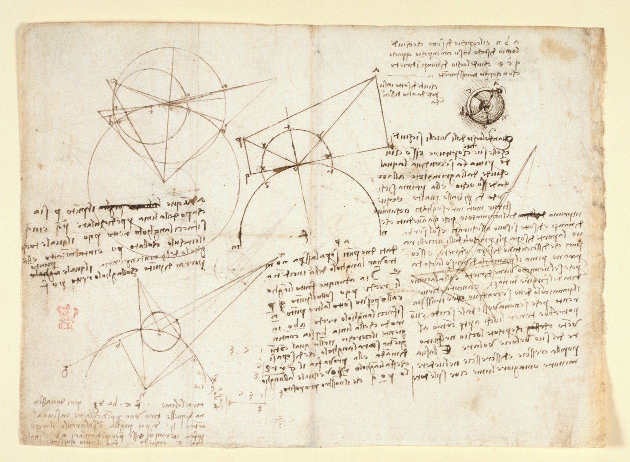 Arundel 263, f.64v Yhden suuren lehden kääntöpuoli, aiemmin oikeasta reunasta sidottu ja muistivihkoon taitettuna. Optiikkaa koskevat huomautukset ja kaaviot Alhazenin ongelmasta; kaavamainen luonnos silmämunasta, johon liittyy L:ään liittyviä huomautuksia tekijältä Leonardo da Vinci