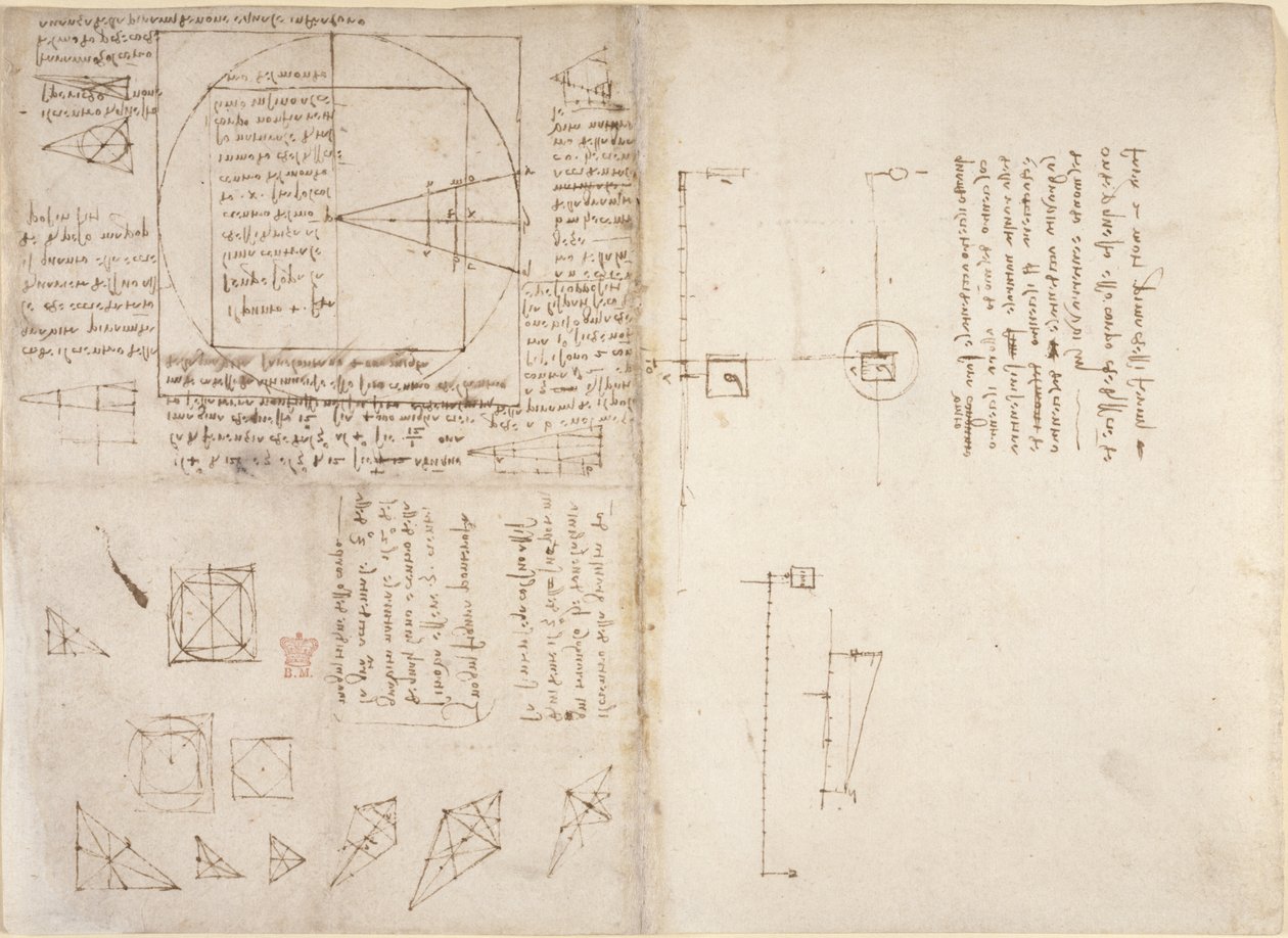 Arundel 263, f.72v, f.69 Huomautuksia ja kaavioita mekaniikasta ja painopisteestä, 