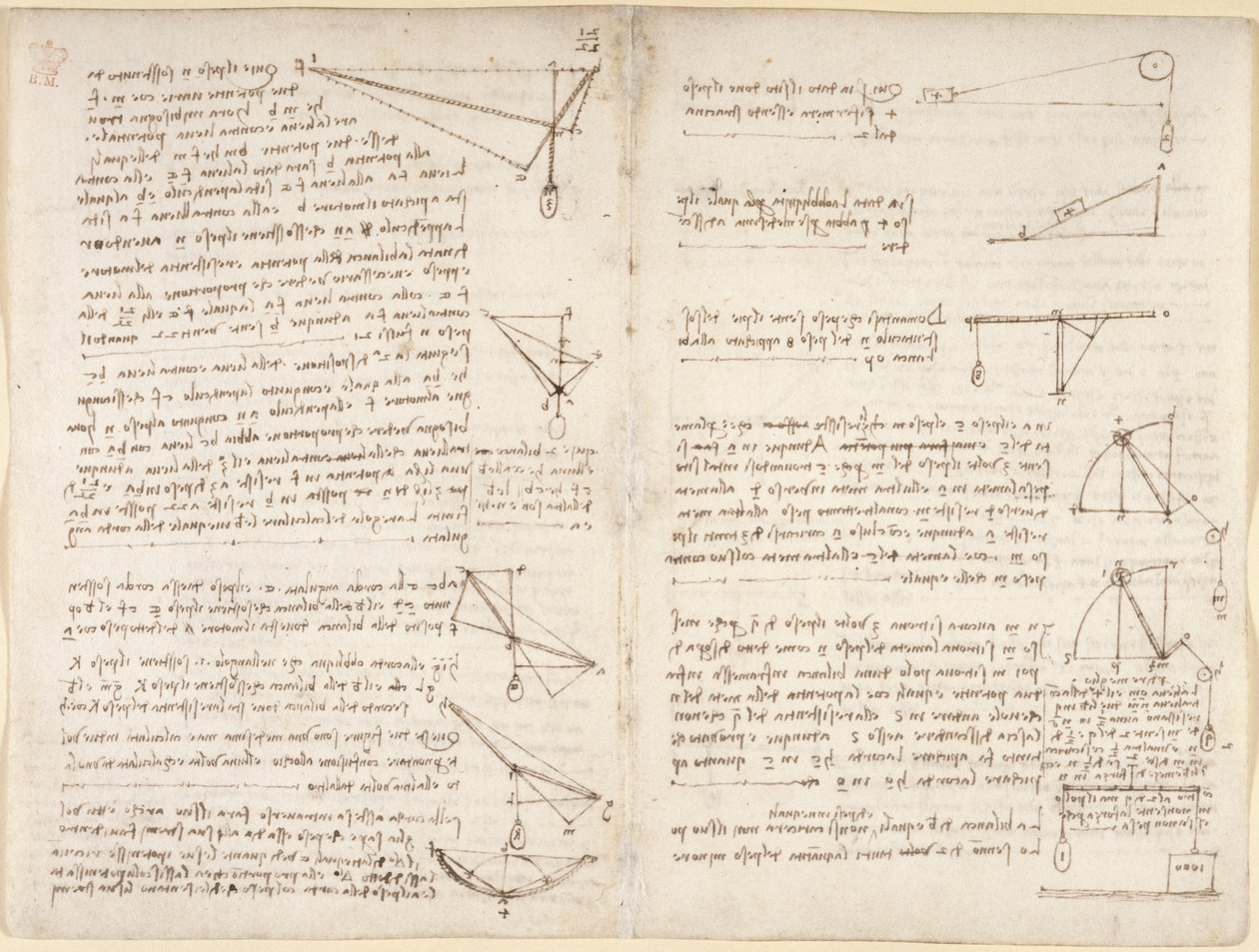Arundel 263, f.7v, f.8 Huomautuksia ja kaavioita mekaniikasta tekijältä Leonardo da Vinci