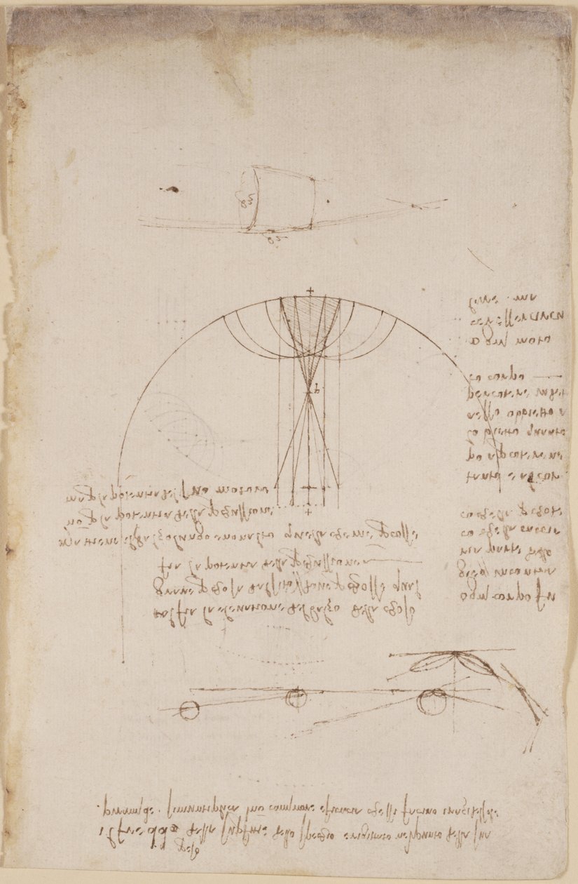 Arundel 263, f.85 Optiikan kaaviot, jotka koskevat heijastuksen kaustiikkaa; muistiinpano ja luonnos mekaniikasta, joka koskee lyömäsoittimen voimaa ja viittauksia aristoteleiseen periaatteeseen "ogni attione facta dalla natura è facta nel più brieve modo" tekijältä Leonardo da Vinci