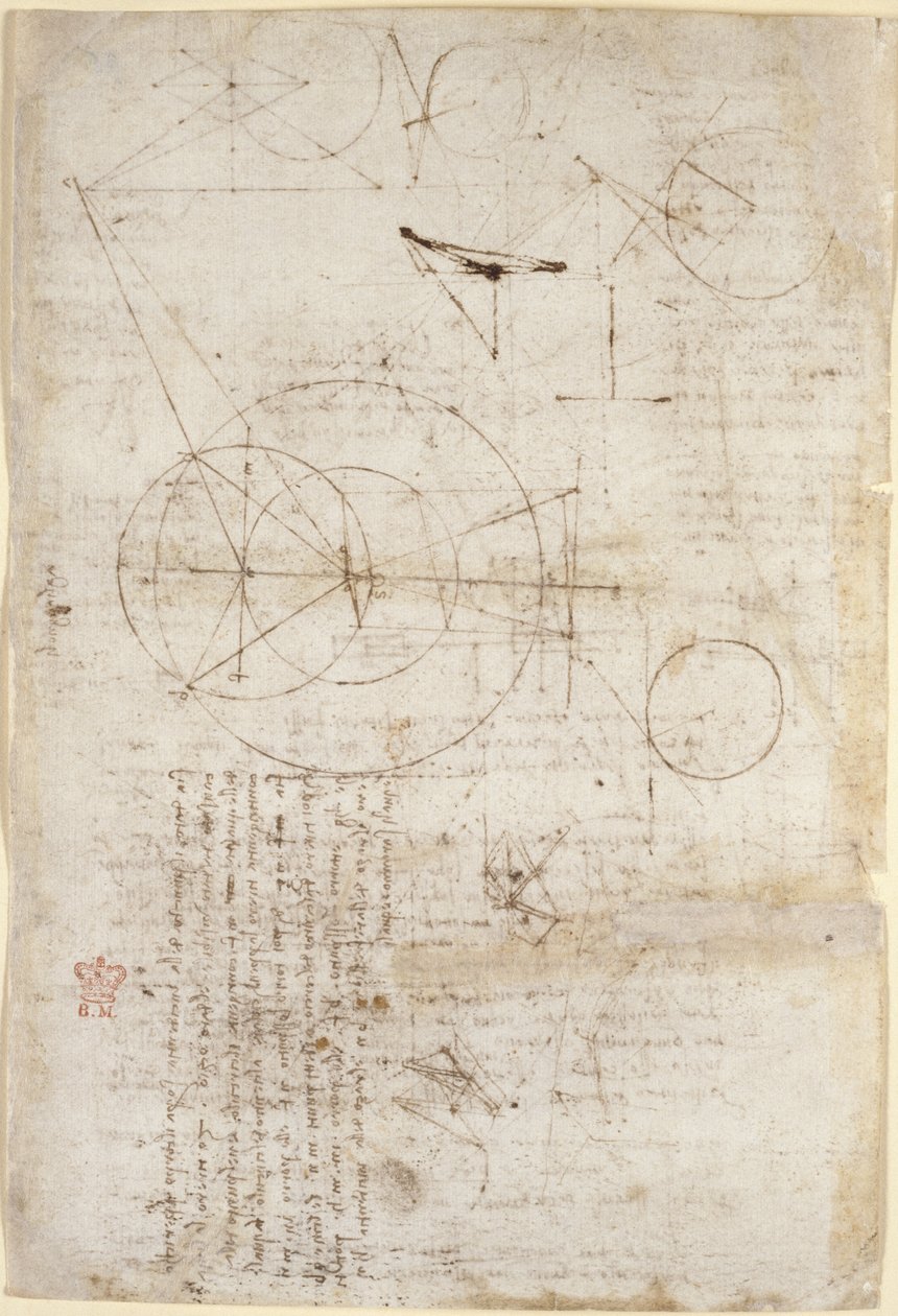 Arundel 263, f.95v Huomautuksia ja kaavioita optiikasta, Alhazenin ongelmasta; kaksi hilarakenteita kuvaavaa luonnosta, 