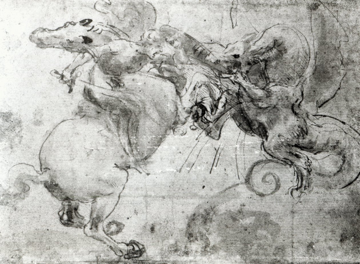 Taistelu ratsastajan ja lohikäärmeen välillä, n. 1482 (kynällä alipiirustus, kynä ja sivellin paperille) tekijältä Leonardo da Vinci