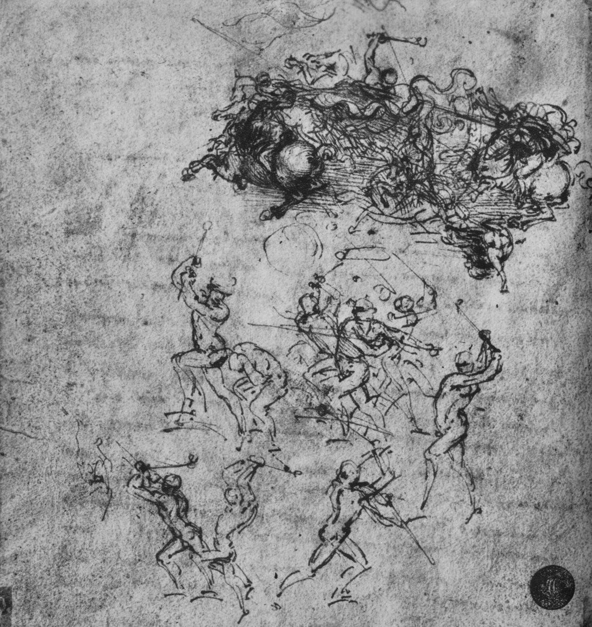 Ratsasmiesten ja jalkasotilaiden taistelu, c1480 1945 tekijältä Leonardo da Vinci