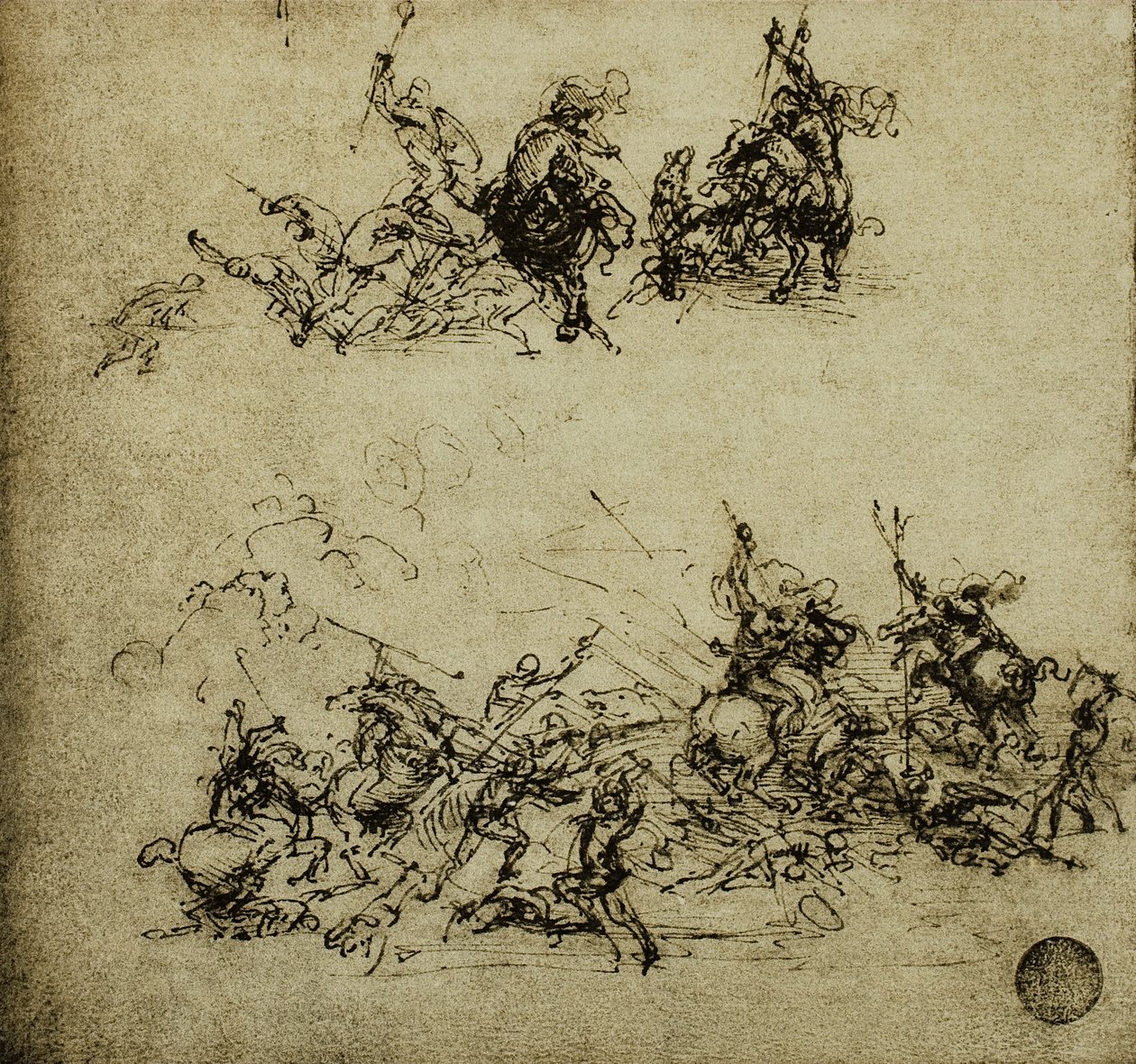 Taistelu kohtaus; Leonardo da Vincin piirustus. Gallerie dell