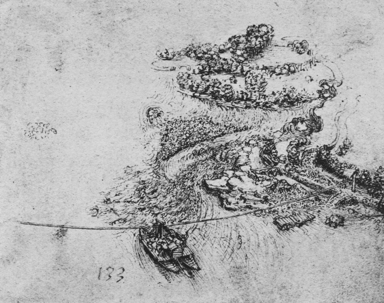 Lintuperspektiivinäkymä joelle köysilauttalla, c1480 1945 tekijältä Leonardo da Vinci