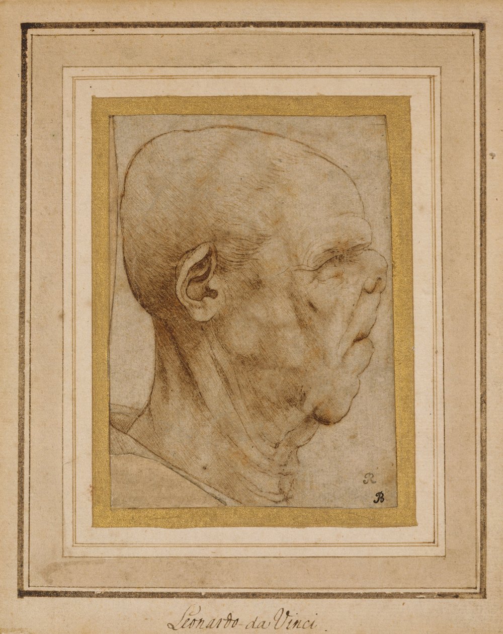 Karikatyyri vanhan miehen päästä, profiilissa oikealla, n. 1507 tekijältä Leonardo da Vinci