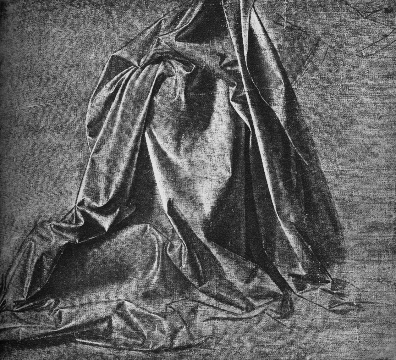 Valettu verhoja oikealle polvistuvaan hahmoon, c1470 1945 tekijältä Leonardo da Vinci