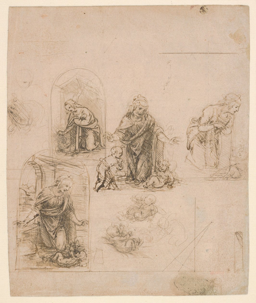 Sävellysluonnoksia Neitsyt palvelee Kristuksen lasta, 1480-85 (hopeakärki) tekijältä Leonardo da Vinci