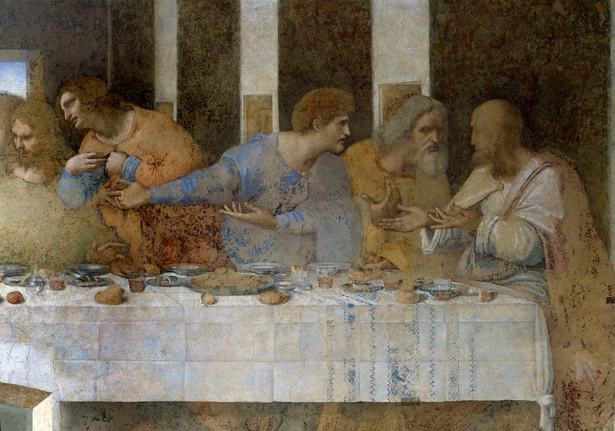 Yksityiskohta La Supperista (Il Cenacolo (Viimeinen ehtoollinen)), joka edustaa vasemmalta oikealle apostoleja Tuomaan, Jaakob Majorin, Filippoksen, Matteuksen, Juudaksen Tadeesta ja Simonin kiihkoilijaa. 1495 - 1498. Leonardo da Vincin fresko. Pyhän Maria tekijältä Leonardo da Vinci