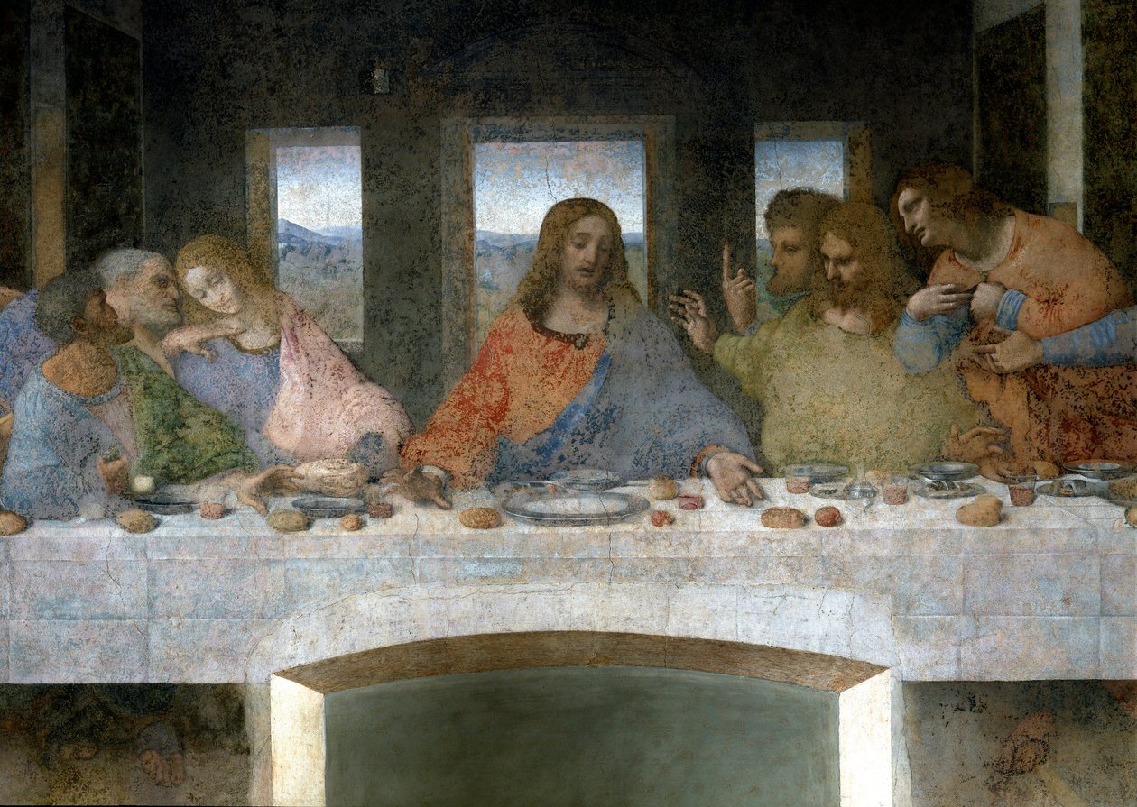 Yksityiskohta Cenestä (Il Cenacolo (Ultima Cena)), joka edustaa vasemmalla apoleja Juudasta, Pietaria ja Johannesta, Kristusta keskellä ja apoleja Thomasia, James Majoria ja Philipiä. V-kirjain Johanneksen ja Kristuksen välillä viittaa Graalin maljaan tai  tekijältä Leonardo da Vinci
