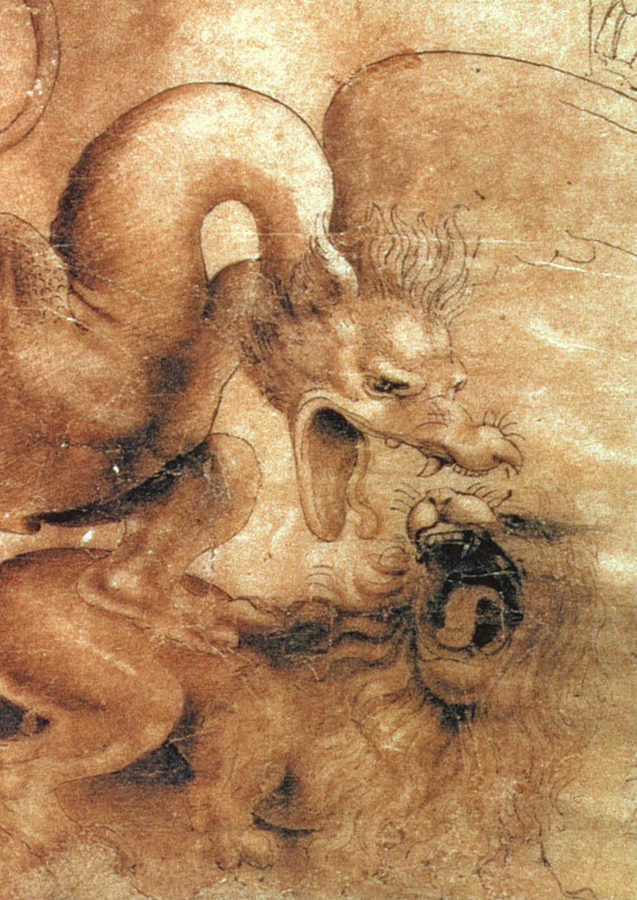 Yksityiskohta lohikäärmeestä piirustuksesta Taistelu lohikäärmeen ja leijonan välillä ruskea tussi ja pesu paperille. tekijältä Leonardo da Vinci