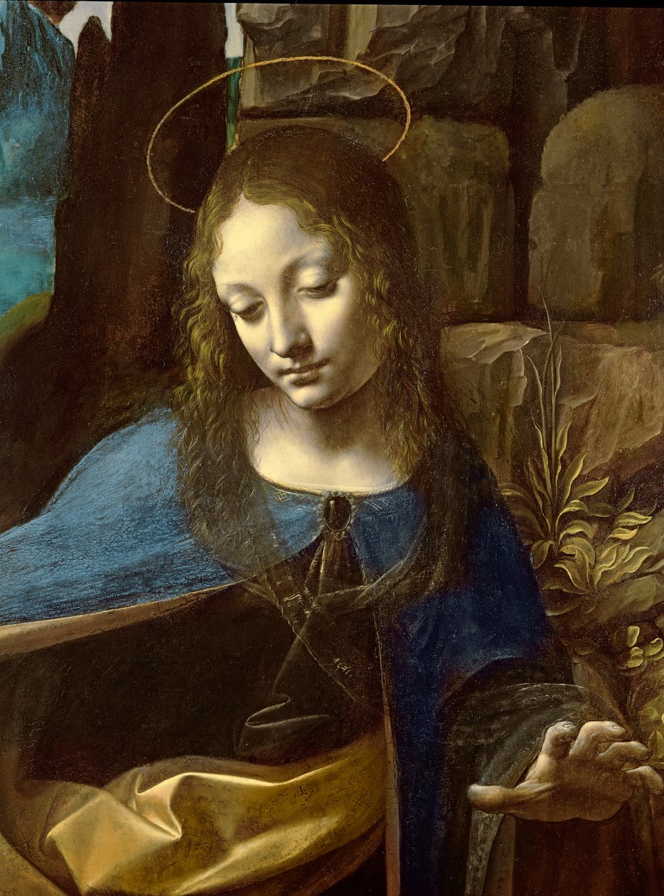 Yksityiskohta Neitsyen päästä, teoksesta The Virgin of the Rocks (Neitsyt, jossa on pieni pyhä Johannes palvomassa Kristus-vauvaa enkelin seurassa) yksityiskohta, n. 1508 tekijältä Leonardo da Vinci