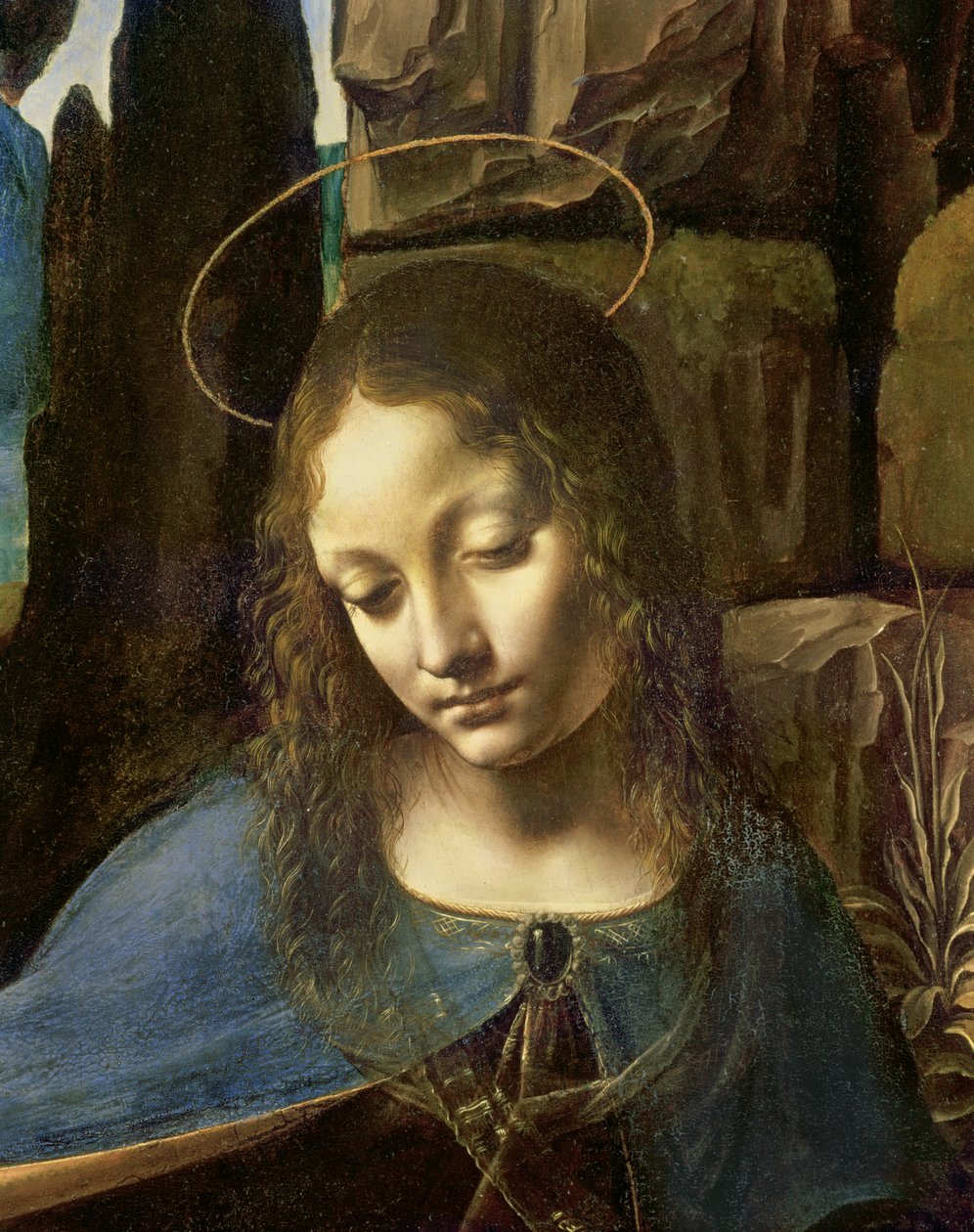 Yksityiskohta Neitsyen päästä, teoksesta The Virgin of the Rocks (Neitsyt ja lapsi Pyhän Johanneksen kanssa palvomassa Kristuksen lasta enkelin saattelemana), noin 1508. tekijältä Leonardo da Vinci