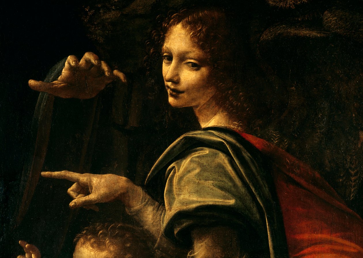 Yksityiskohta Neitsyt kivillä, Pyhä Johannes Kastaja osoittaa sormella ja Neitsyt Marian käsi tekijältä Leonardo da Vinci
