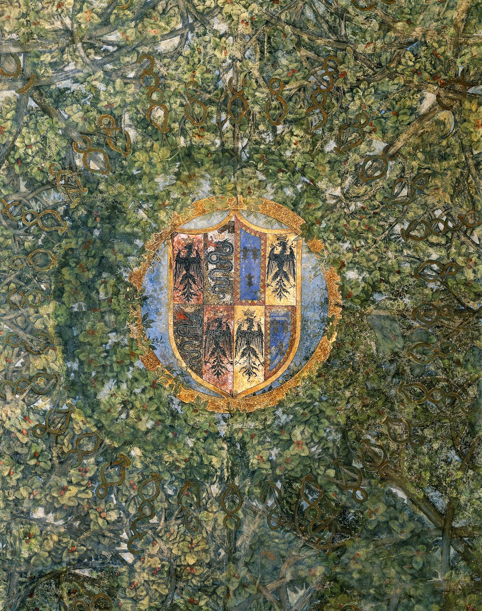 Yksityiskohta "Sala delle Assen" holvikatosta geometrisella pergolakuviolla, n. 1498 (fresko) tekijältä Leonardo da Vinci