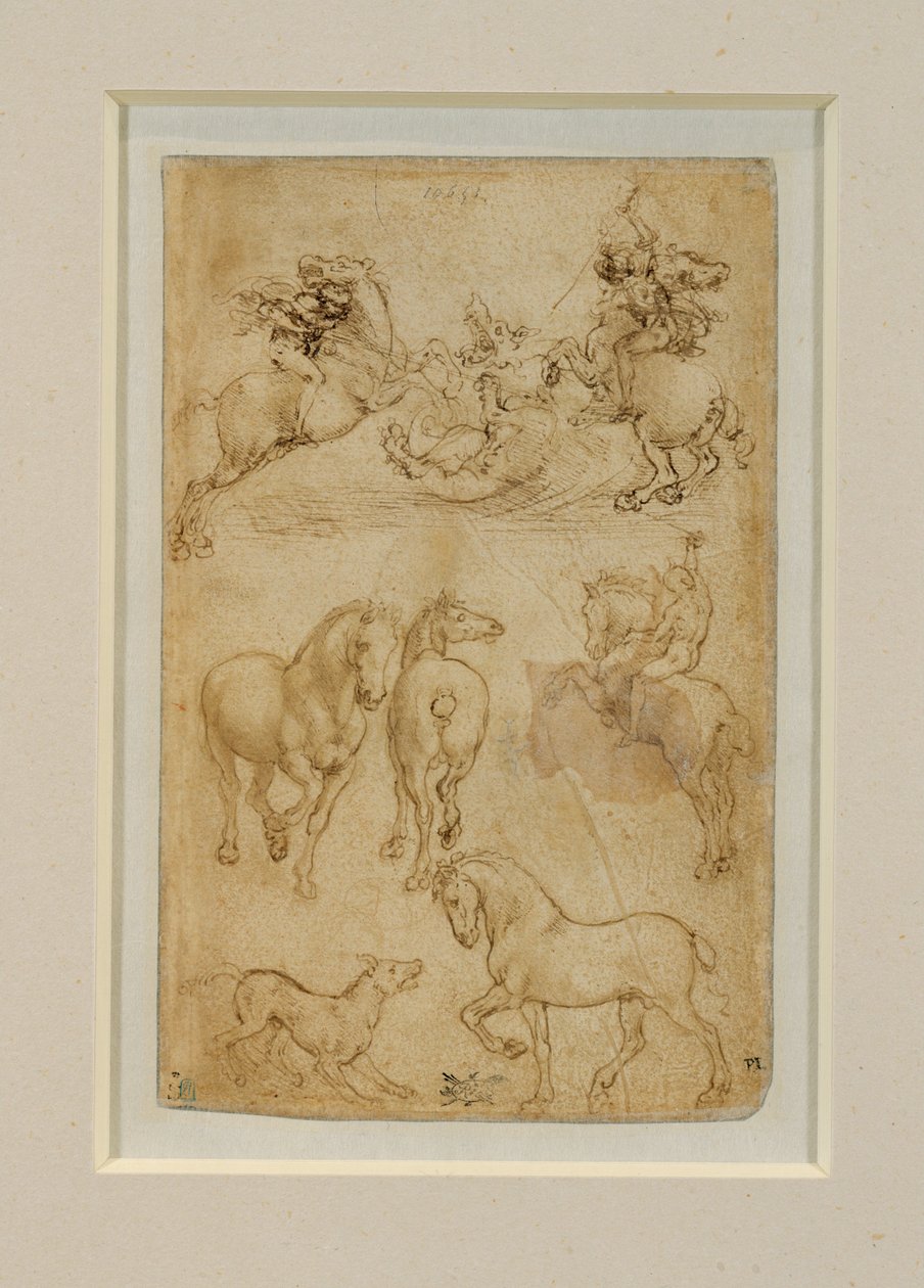 Kaksi ratsastajaa taistelee lohikäärmettä vastaan; ratsastaja ja kaksi hevosta; koira ja hevonen ... tekijältä Leonardo da Vinci