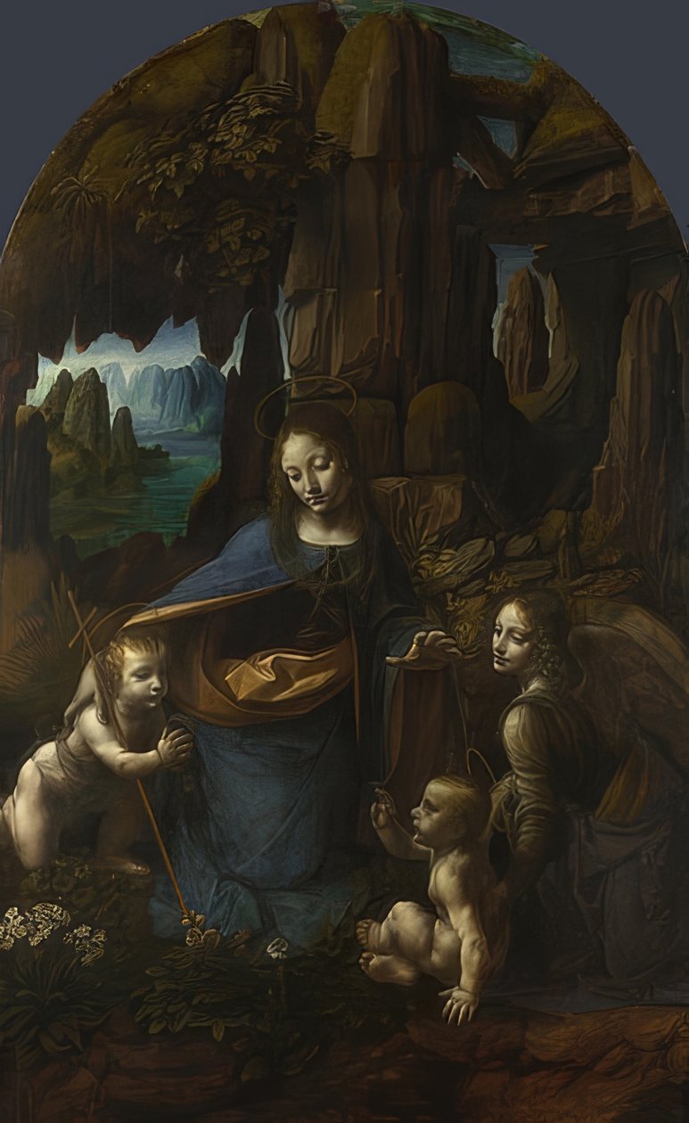 Madonna of the Rocks (Milanon San Francescon alttarille). Noin 1491 / 92-99 ja 1506-08 tekijältä Leonardo da Vinci