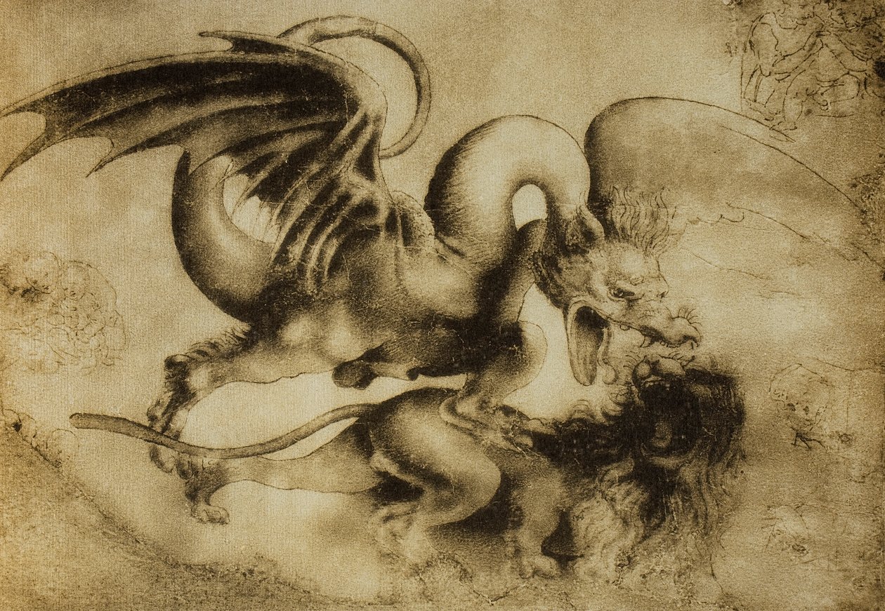 Lohikäärme tappaa leijonan, piirros Leonardo da Vinci. Gabinetto dei Disegni e Stampe, Uffizi-galleria, Firenze tekijältä Leonardo da Vinci