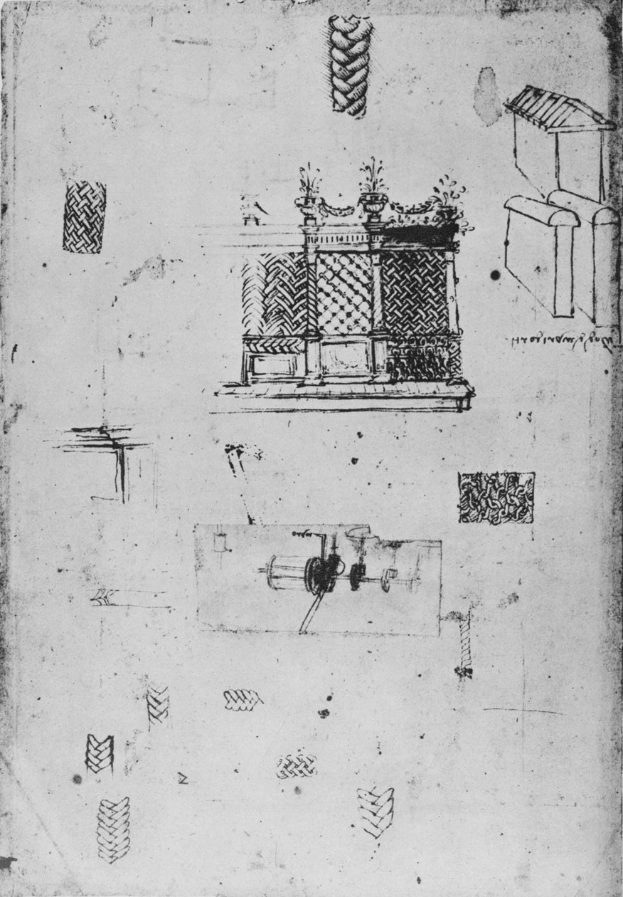 Piirustus koristenäytöstä ja muita luonnoksia, c1480 1945 tekijältä Leonardo da Vinci
