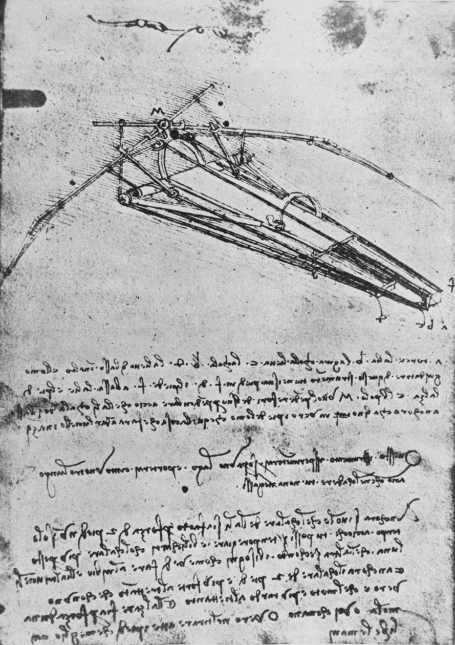 Piirustus lentävästä koneesta, c1480 1945 tekijältä Leonardo da Vinci