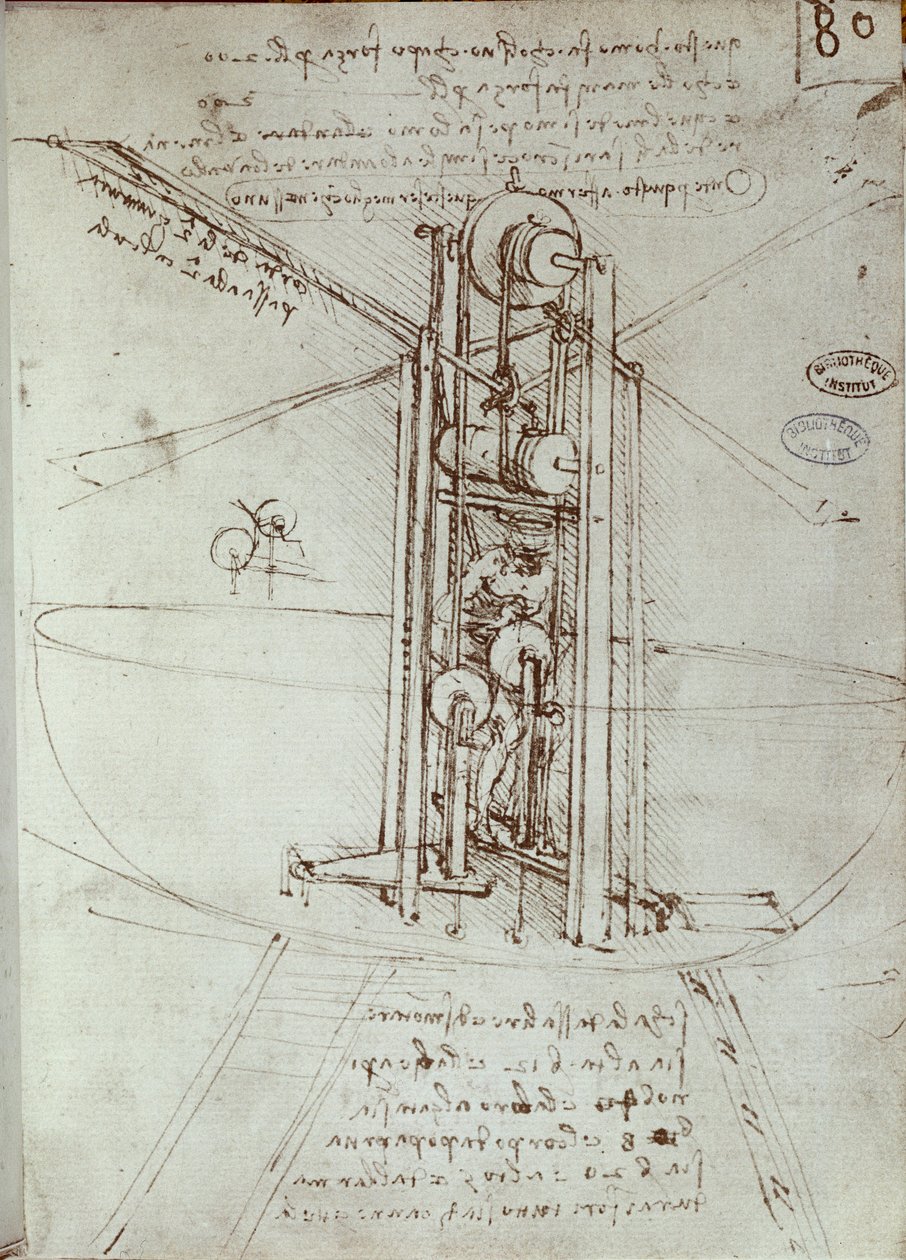 Piirustus lentävästä propulsiokoneesta. Käsikirjoitus Leonard De Vinci (Leonardo da Vinci tekijältä Leonardo da Vinci