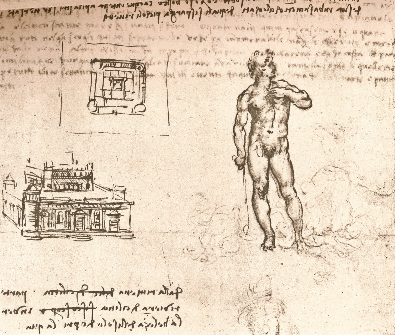 Piirustus linnan suunnitelmista ja alastonhahmosta, pesty intialaisella musteella, c1472-c1519 1883 tekijältä Leonardo da Vinci