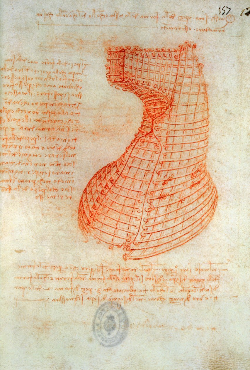 Piirustus Sforza-hevosen pään valumuotista, Fol. 57 (recto), Codex Madrid I:stä, n. 1491-93 (kynä ja ruskea muste paperille). tekijältä Leonardo da Vinci