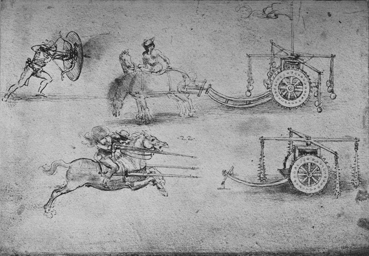 Piirustuksia vaunuista, joissa on räikkä, jousiampujasta kilvellä, c1480, 1945 tekijältä Leonardo da Vinci