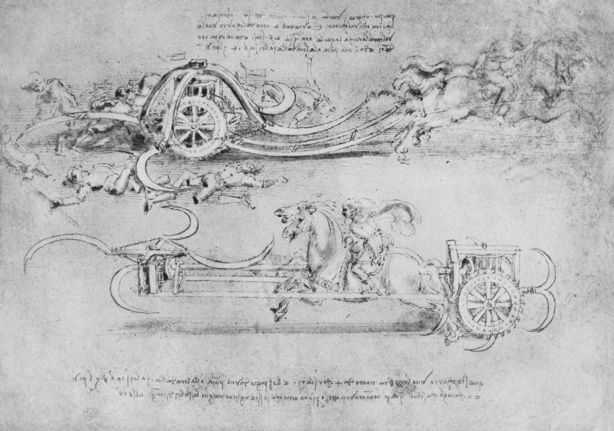 Piirustuksia kahden tyyppisistä viikateillä aseellisista vaunuista, c1480 1945 tekijältä Leonardo da Vinci