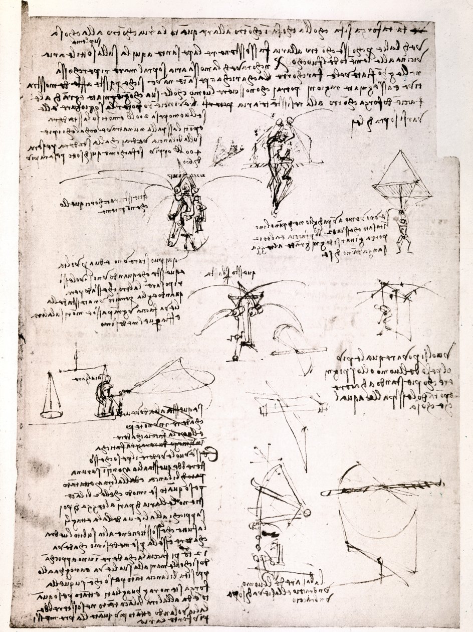Ote Da Vincin käsikirjoituksesta: Alkuperäinen käsikirjoitus, jossa kuvataan "laskuvarjon" periaate ja rakenne (käsikirjoitus). tekijältä Leonardo da Vinci