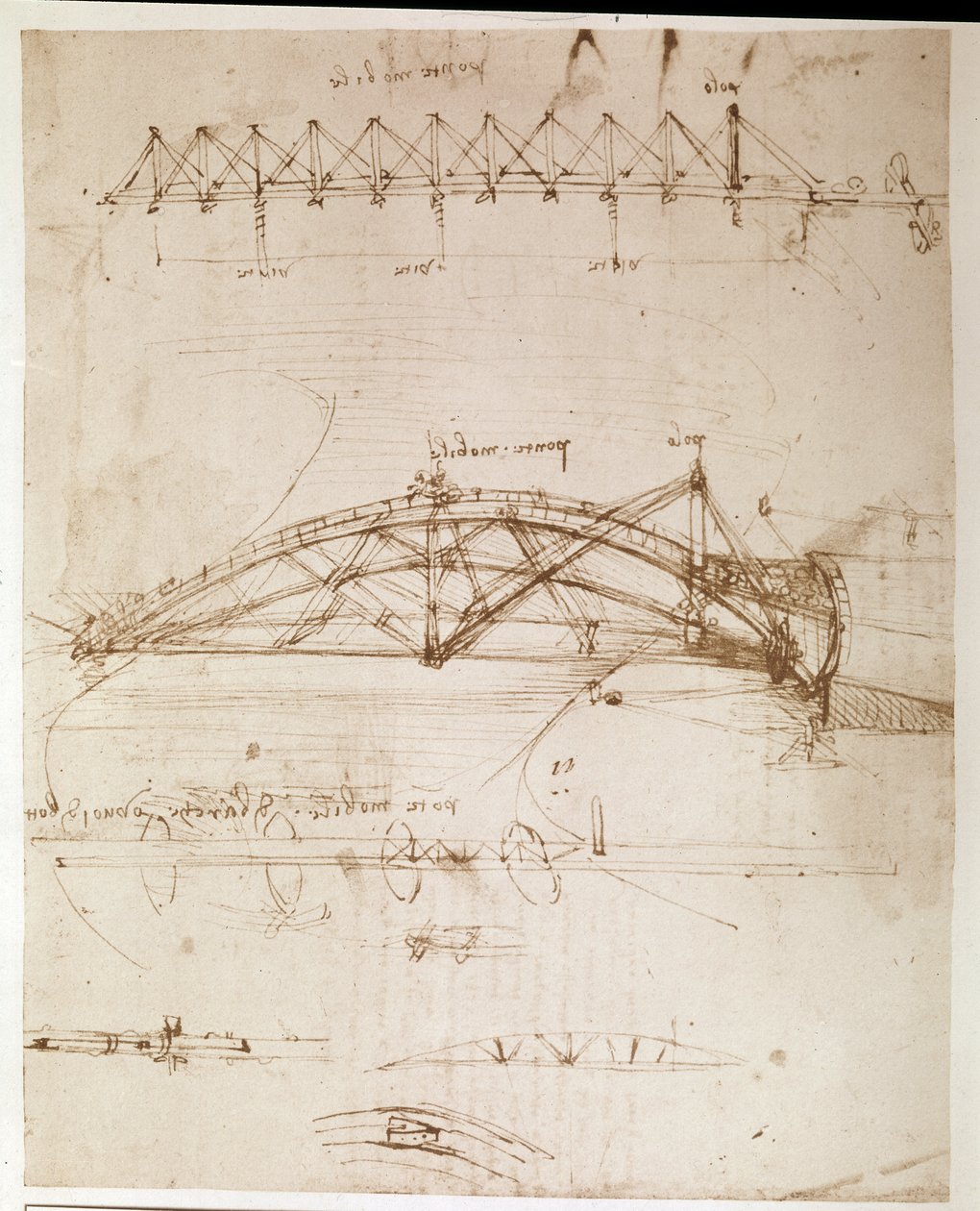 Ote Da Vincin käsikirjoituksesta, jossa kuvataan "kääntyvän sillan" rakentamista (käsikirjoitus). tekijältä Leonardo da Vinci