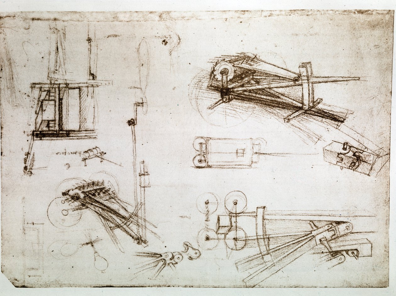 Ote Da Vincin käsikirjoituksesta, jossa kuvataan "Tykin vaunun" rakentamista (käsikirjoitus). tekijältä Leonardo da Vinci