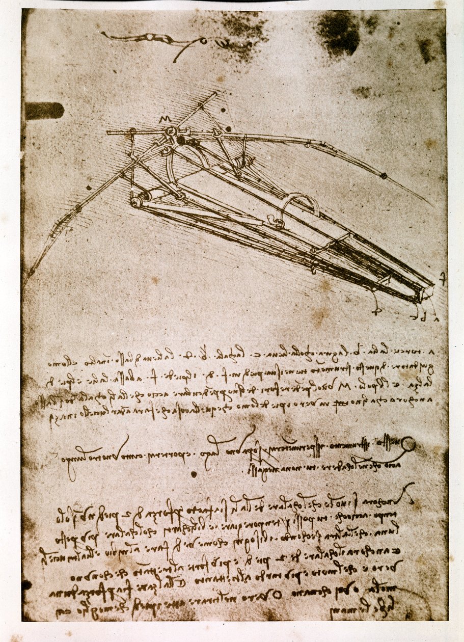 Ote Da Vincin käsikirjoituksesta, jossa kuvataan "lentävän koneen" periaate ja rakentaminen (käsikirjoitus). tekijältä Leonardo da Vinci