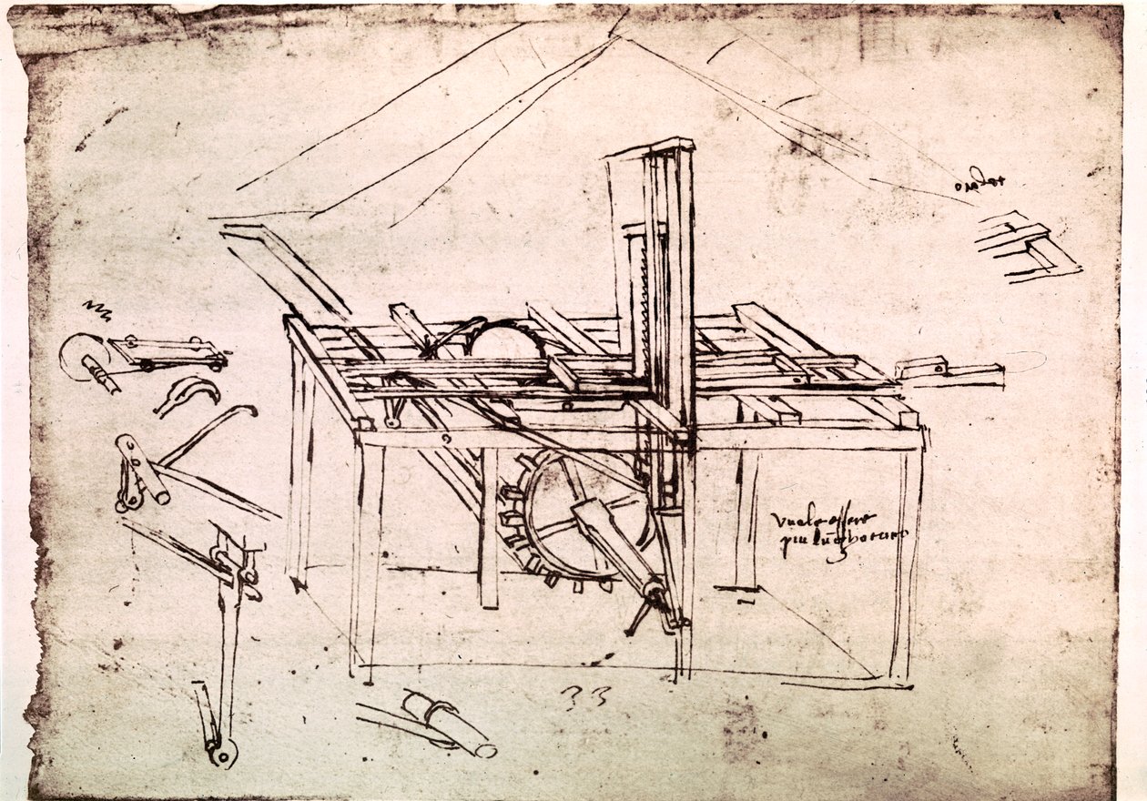 Ote Da Vincin käsikirjoituksesta, jossa kuvataan "Hydraulisen sahan periaatetta ja rakentamista automaattisella eteenpäinohjauksella" (käsikirjoitus). tekijältä Leonardo da Vinci