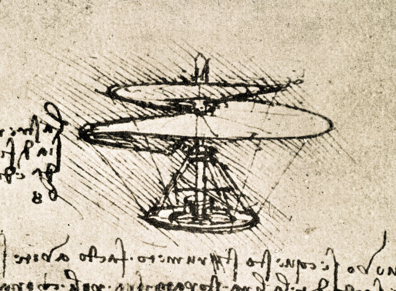 Ote Da Vincin käsikirjoituksesta, jossa kuvataan "Ilmaruuvin (helikopterin)" periaate ja rakenne (käsikirjoitus). tekijältä Leonardo da Vinci