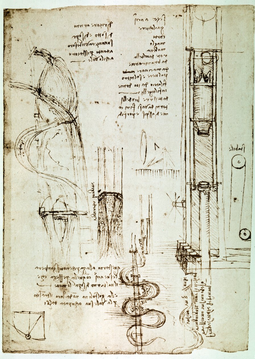 Ote Da Vincin käsikirjoituksesta, jossa kuvataan "paaluvasaran" periaate ja rakenne (käsikirjoitus). tekijältä Leonardo da Vinci