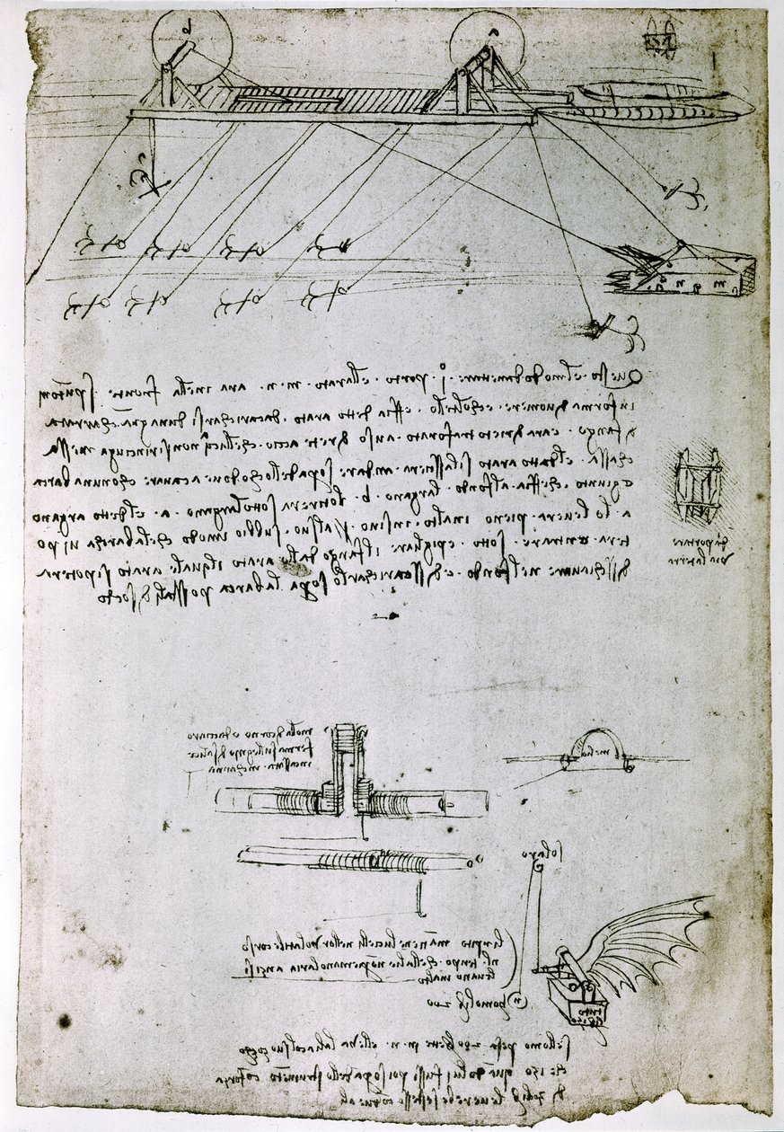 Ote Da Vincin käsikirjoituksesta, jossa kuvataan "meriruoppaajan" periaate ja rakentaminen (käsikirjoitus). tekijältä Leonardo da Vinci