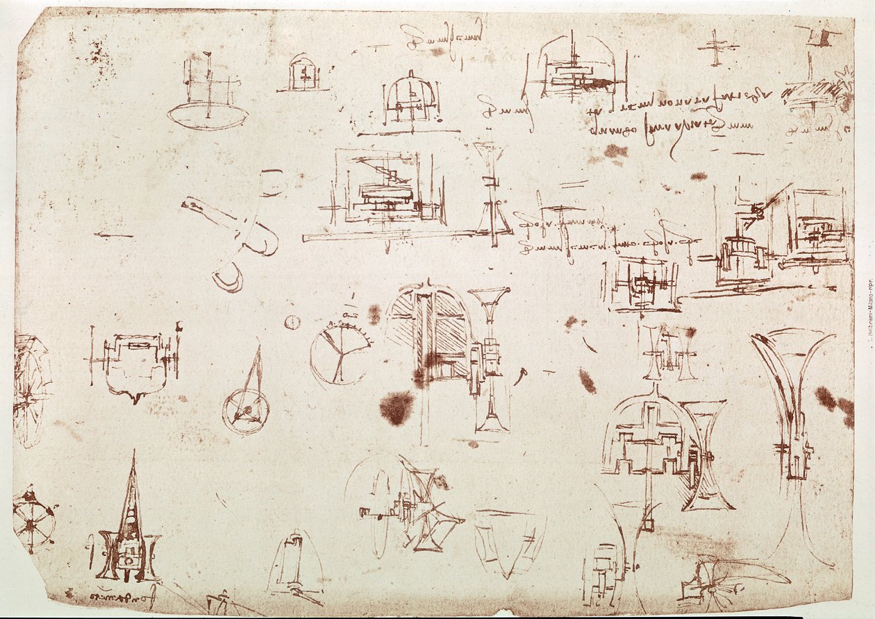Ote Da Vincin käsikirjoituksesta, jossa kuvataan "pyörillä kulkevan veneen" periaate ja rakenne (käsikirjoitus). tekijältä Leonardo da Vinci
