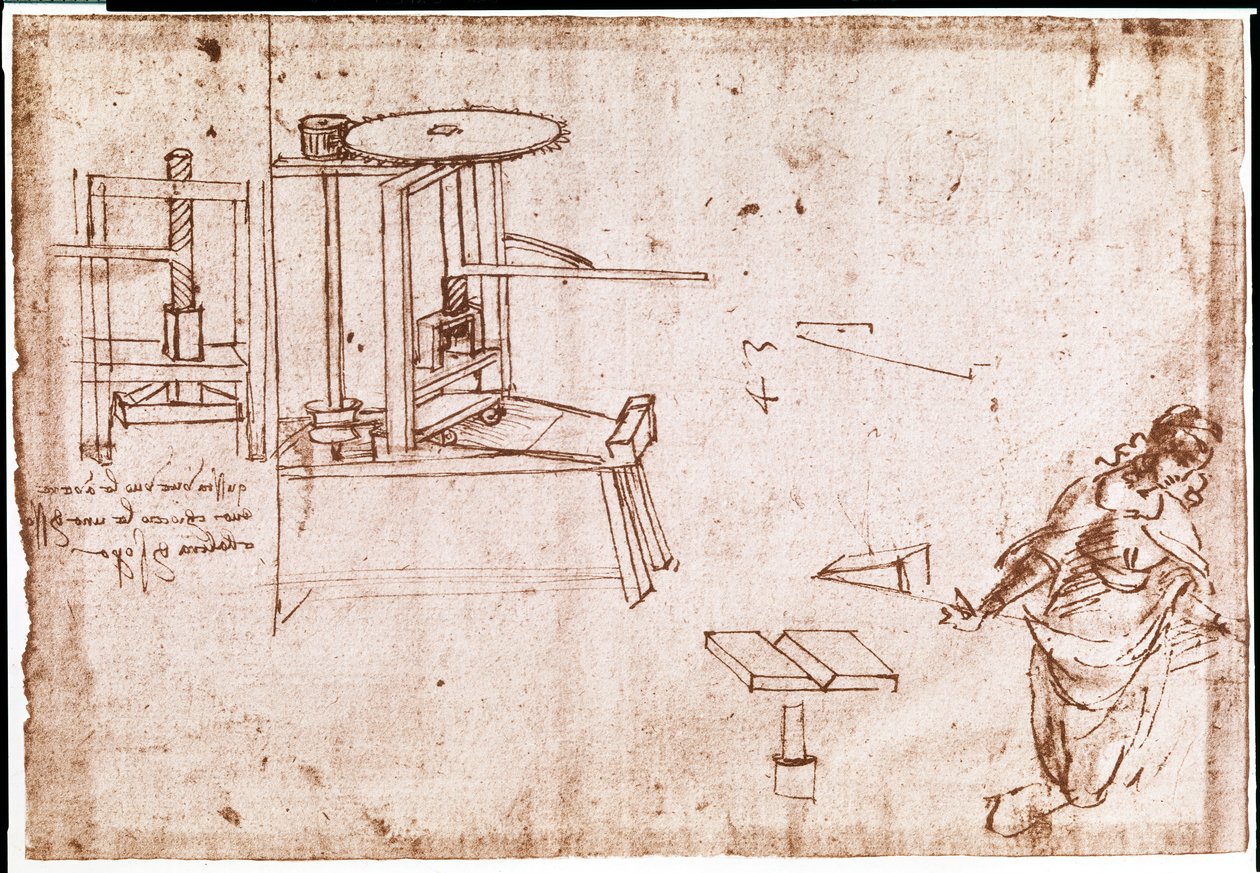 Ote Da Vincin käsikirjoituksesta, jossa kuvataan painokoneen periaatetta ja rakennetta (käsikirjoitus). tekijältä Leonardo da Vinci