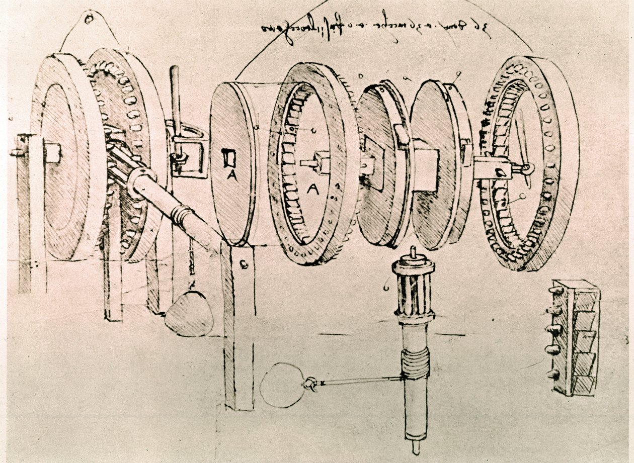 Ote Da Vincin käsikirjoituksesta, jossa kuvataan "Vaihtelevan liikkeen muuttaminen jatkuvaksi liikkeeksi" periaatetta ja rakennetta (käsikirjoitus). tekijältä Leonardo da Vinci