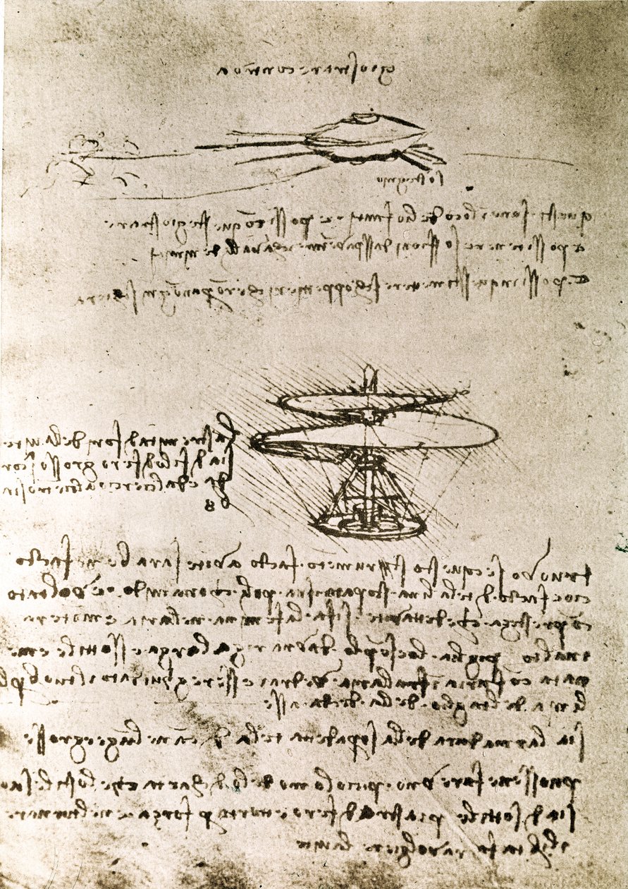 Ote Da Vincin käsikirjoituksesta, jossa kuvataan "Lentoruuvin (helikopterin)" periaate ja rakenne (käsikirjoitus). tekijältä Leonardo da Vinci