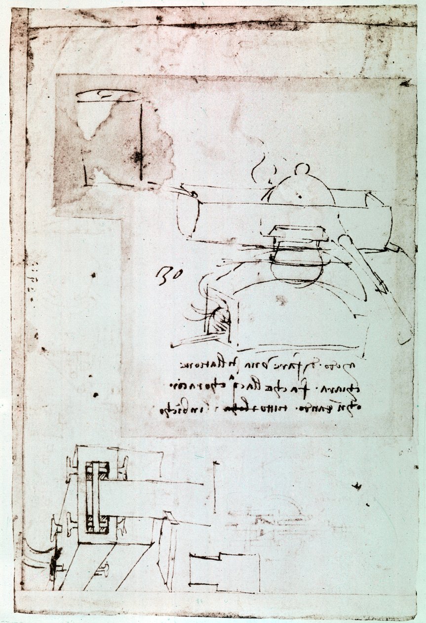 Ote Da Vincin käsikirjoituksesta, jossa kuvataan "Jatkuvalla jäähdytyksellä varustetun tislaimen" periaate ja rakenne (käsikirjoitus). tekijältä Leonardo da Vinci