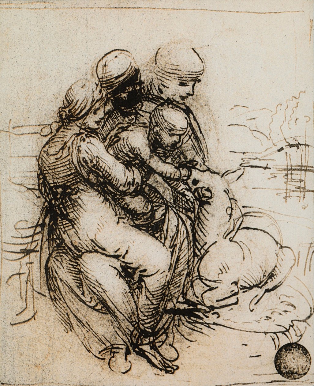 Ensimmäinen idea Madonnasta ja lapsesta ja Pyhästä Annista; Leonardo da Vincin piirustus. Gallerie dell