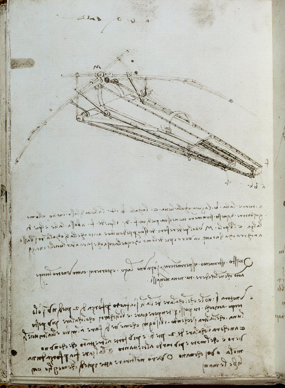 Lentävän koneen piirustus. Käsikirjoitus Leonard De Vinci (Leonardo da Vinci tekijältä Leonardo da Vinci