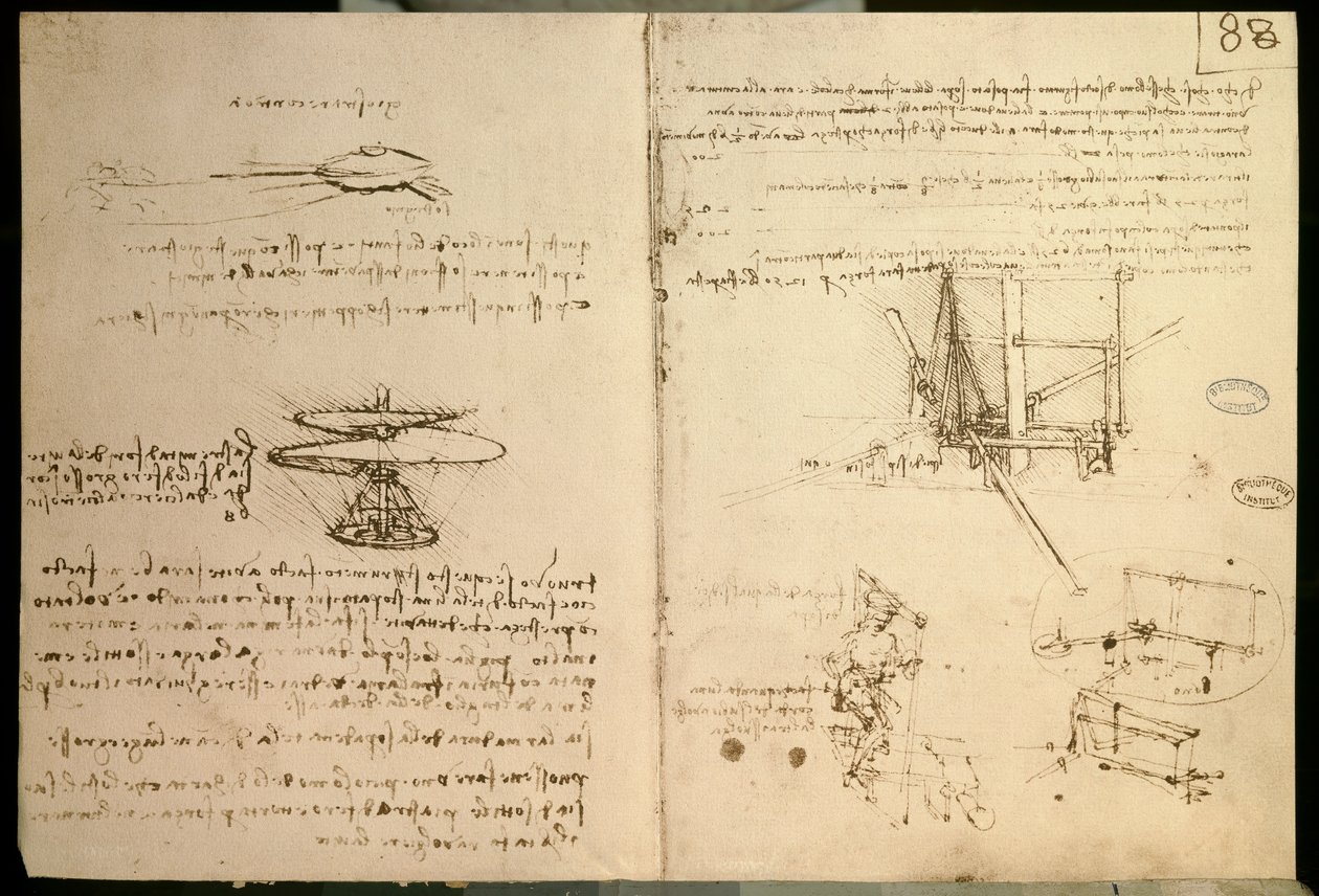 Lentävät koneet, yksi ensimmäisistä piirustuksista helikopterin kaltaisesta lentävästä koneesta, n. 1487 tekijältä Leonardo da Vinci