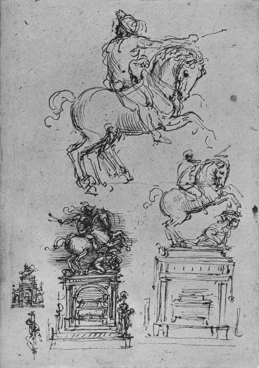 Neljä tutkimusta ratsastusmonumentille, c1480 1945 tekijältä Leonardo da Vinci